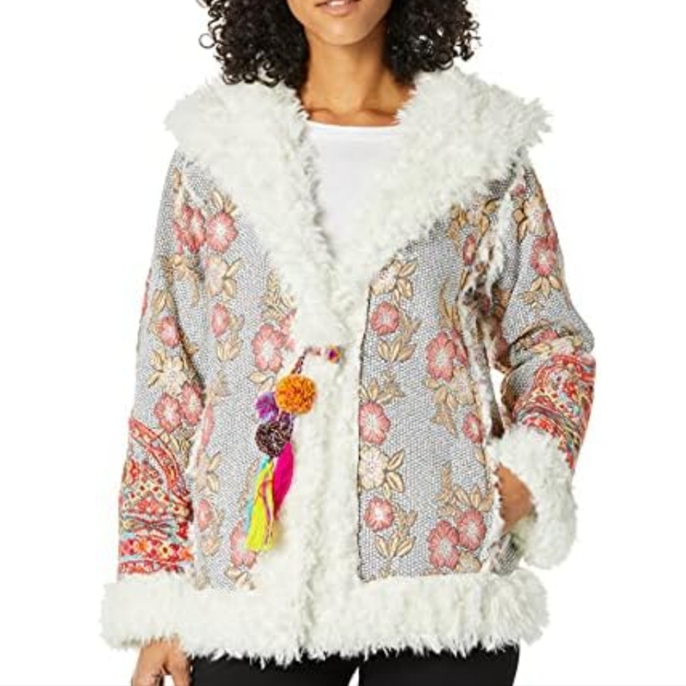 Biya Johnny Was Floral Patterned Jacket with Faux Fur Trim